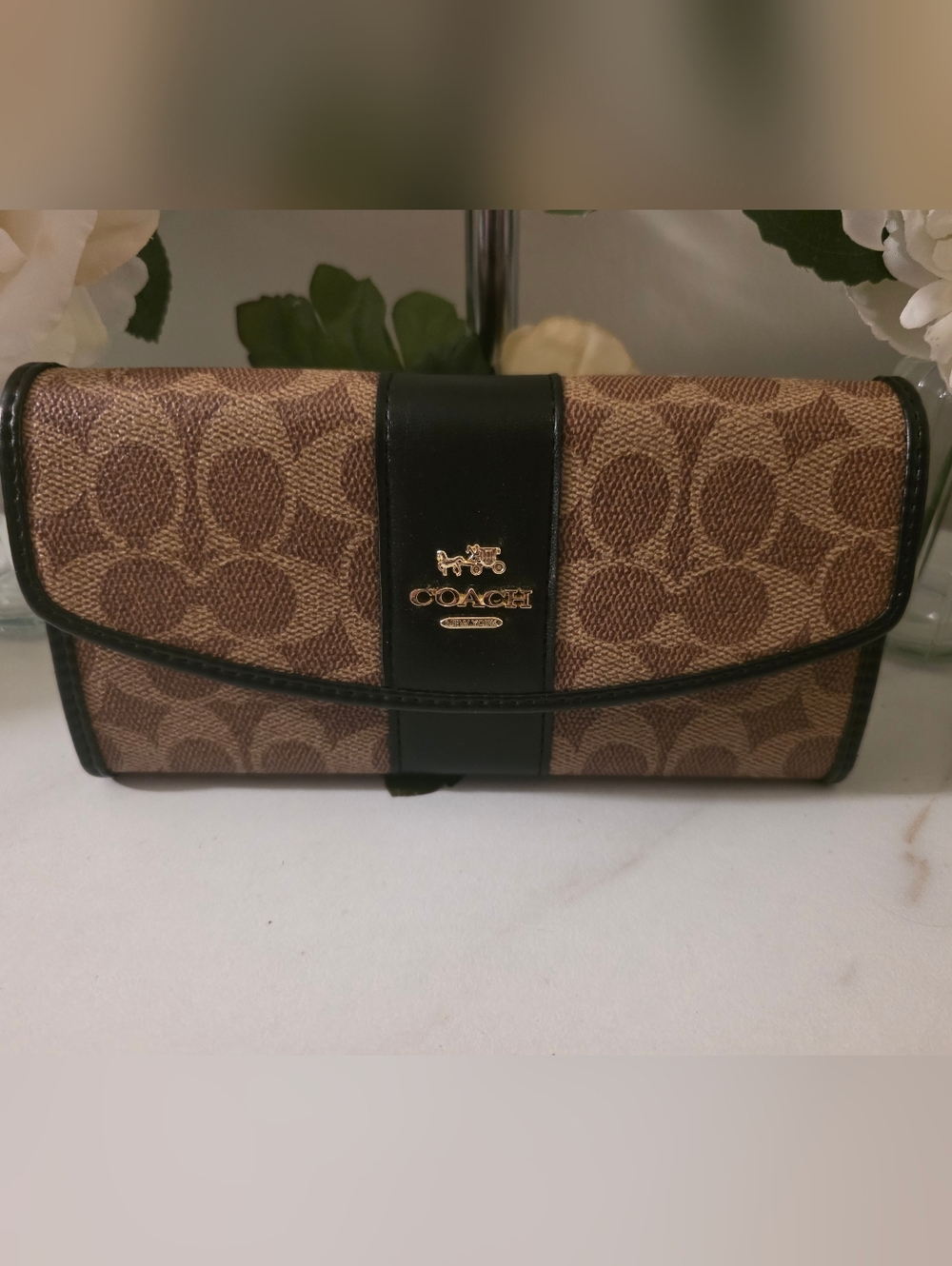 Coach Signature Canvas Wallet with Black Leather Trim